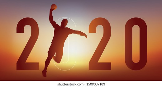 2020 sports-themed greeting card, with a handball player in action, pulling in extension to score a goal.