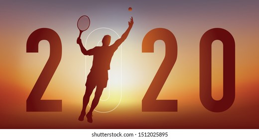 2020 sports-themed greeting card with a tennis player hitting the ball with his racket for a winning point.