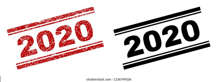 2020 stamp seal print with red grunge and clean black version. Red vector rubber print of 2020 title with grunge effect. Titles are placed between double parallel lines.