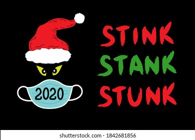 Concepto de Stink Stank Stunk 2020 sobre negro. Máscara de cara protectora médica, ojos amarillos aterradores, sombrero de navidad y letras aisladas. Realimentación incorrecta para 2020. Ilustración vectorial de Coronavirus.