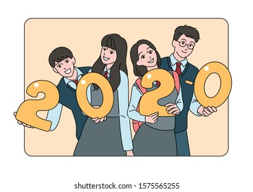 2020 Students holding number balloons. The students are wearing school uniforms. hand drawn style vector design illustrations. 