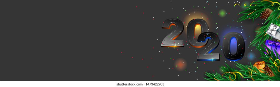 2020 surrounded by a Christmas tree and gifts, on a black background. New Year or Christmas banner, poster, postcard. Free space.