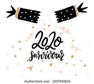 2020 survivour. Funny saying greeting card with opened cracker. Vector Christmas quote