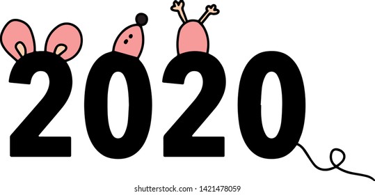 2020 and symbol of new chinese year rat mouse parts cartoon minimalism illustration