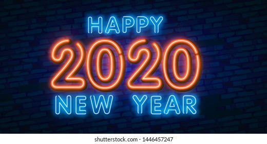 2020 symbol on luminous neon background. 2020 Happy new year. Vector illustration witn realistic blue and pink neon tubes on walls. Neon Happy new year.