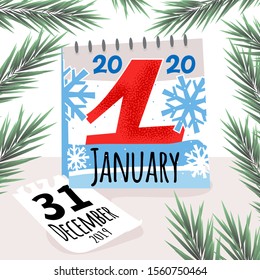2020 tear-off calendar in botanical frame flat illustration. Torn paper sheet and almanah page. Annual organizer. Traditional winter holiday. New Year beginning, annum start concept