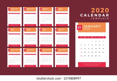 2020 Template Calendar Design Vector, Set Desk Calendar, Week Starts on Sunday, Set of 12 Months 