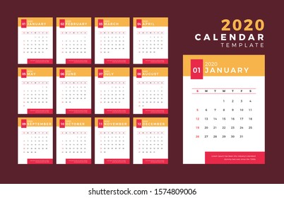 2020 Template Calendar Design Vector, Set Desk Calendar, Week Starts on Sunday, Set of 12 Months 