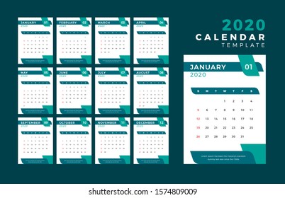 2020 Template Calendar Design Vector, Set Desk Calendar, Week Starts on Sunday, Set of 12 Months 