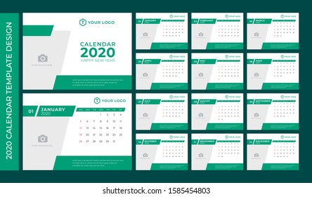 2020 Template Calendar Design Vector, Set Desk Calendar, Week Starts on Sunday, Set of 12 Months 