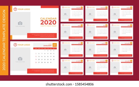 2020 Template Calendar Design Vector, Set Desk Calendar, Week Starts on Sunday, Set of 12 Months 