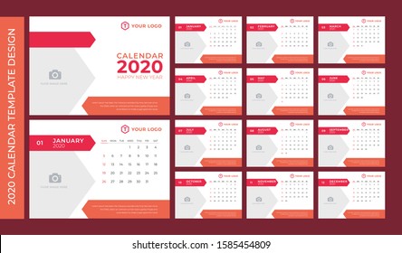 2020 Template Calendar Design Vector, Set Desk Calendar, Week Starts on Sunday, Set of 12 Months 