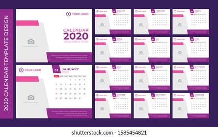 2020 Template Calendar Design Vector, Set Desk Calendar, Week Starts on Sunday, Set of 12 Months 