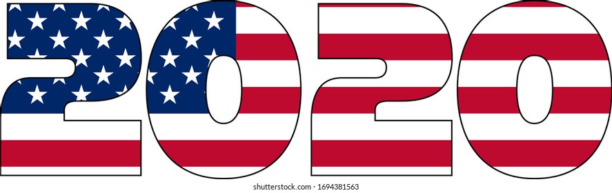 2020 text with American flag inside the text. Vector illustration on white background. USA flag in text. American flag in letters. National emblem. Patriotic illustration.