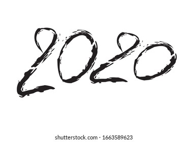 Diseño de texto 2020 Color negro, Colección de Feliz Año Nuevo y vacaciones felices, elemento de diseño grabado a mano aislado en fondo blanco. Calendario 2020, trazo de pincel.
