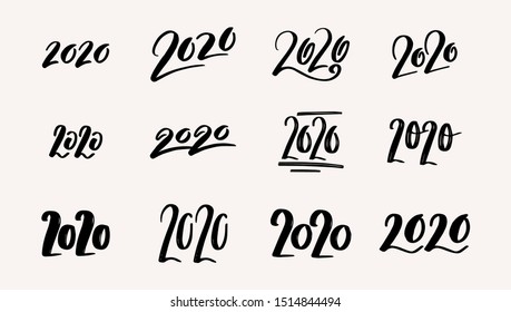 Diseño de texto 2020, Colección de Año Nuevo Feliz y vacaciones felices, elemento de diseño de número de letras, aislado a mano sobre fondo blanco. Calendario 2020
