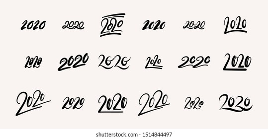 Diseño de texto 2020, Colección de Feliz Año Nuevo y felices fiestas, número de letras elemento de diseño, aislado a mano sobre fondo blanco. Calendario 2020