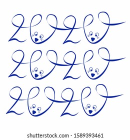 2020 text design lettering. Mouse outlines. Vector Illlustration.