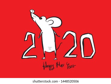 2020 text design with mouse cartoon character vector illustration, Happy New Year, calendar cover template, lettering element, calligraphy 2020, rat sign, handwritten isolated on red background