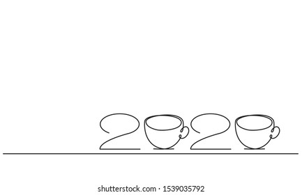 2020 text design. Vector greeting illustration with cups of coffee or tea. Greeting card for cafe