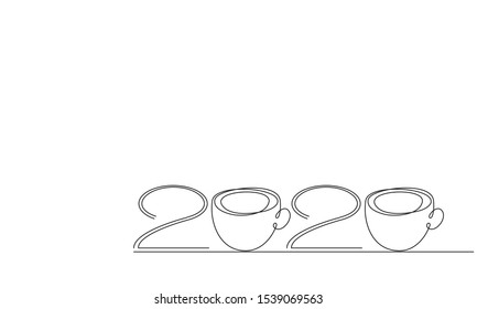 2020 text design. Vector greeting illustration with cups of coffee or tea. Greeting card for cafe