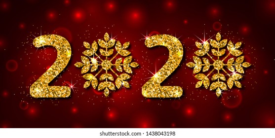 2020 Text, Golden Glitter Template for Happy New Year