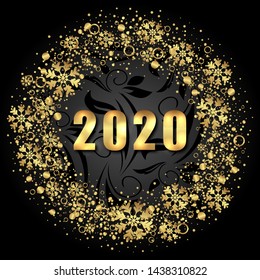 2020 Text, Golden Shimmer Design with Light Snowflakes for Happy New Year