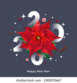 2020 Text with Poinsettia Flower, Candy, Red Berries and Cinnamon Decorated on Grey Background for Happy New Year Celebration.