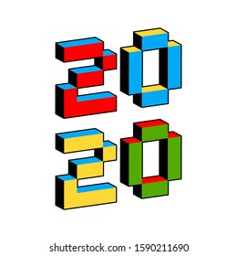 2020 text in style of old 8-bit video games. Vibrant colorful 3D Pixel Letters. Creative digital New Year poster, flyer template for celebration. Holiday vector. Retro arcade, computer program screen.