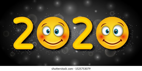 2020 Text, Template for Happy New Year with Cheerful Emoticons - Illustration Vector