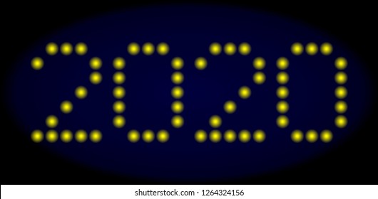 2020 title in LED style with round glowing pixels. Vector illuminated yellow letters forms 2020 title on a dark blue background. Digital font with round elements.