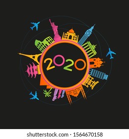 2020 travel and tourism background. Colorful template with icons and tourism landmarks. Creative happy new year 2020 design. New Year background.  File is saved in 10 EPS version.