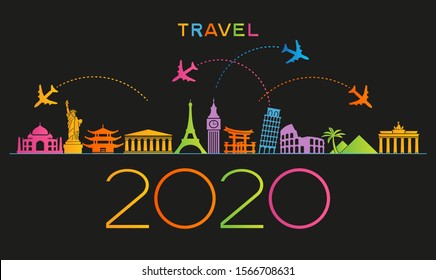 2020 travel and tourism background. Colorful template with icons and tourism landmarks. Creative happy new year 2020 design. New Year background.  File is saved in 10 EPS version.