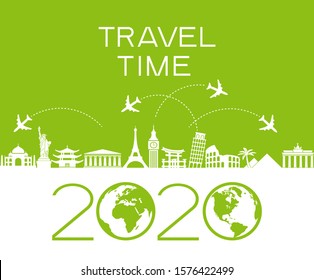 2020 travel and tourism background. Colorful template with icons and tourism landmarks. Creative happy new year 2020 design. New Year background.  File is saved in 10 EPS version.
