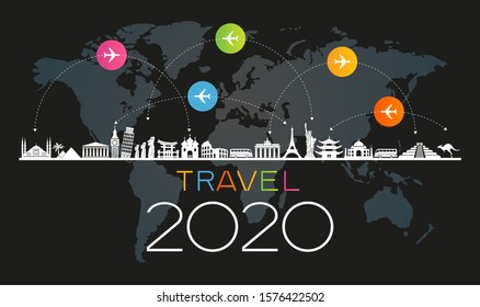 2020 travel and tourism background. Colorful template with icons and tourism landmarks. Creative happy new year 2020 design. New Year background.  File is saved in 10 EPS version.