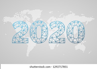 2020 triangle icon on dotted world map background. International infographic sign. Design element for business, marketing project, template, presentation, concept, web, illustration