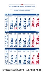2020 Turkish-English Sailor Calendar Format. Week starts from Monday. Public holidays red colored. Vector Illustration.