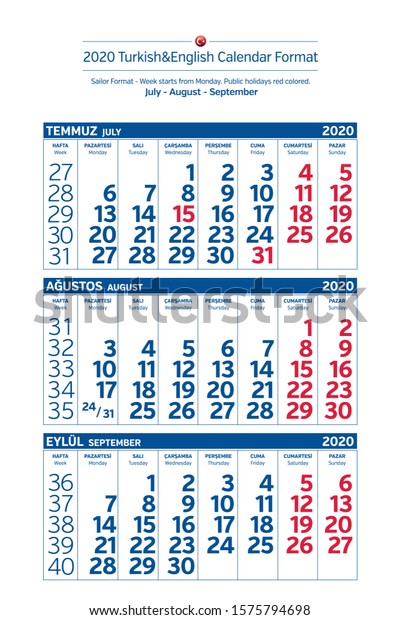 年のトルコ語 英語セーラーカレンダー形式 週は月曜日から始まります 祝祭日は赤く染まった ベクターイラスト のベクター画像素材 ロイヤリティフリー