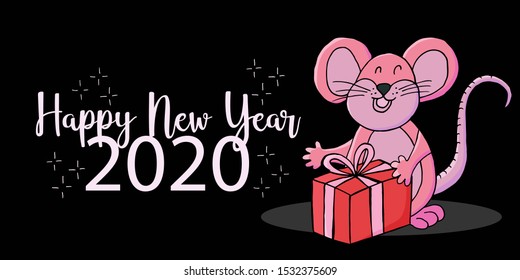 2020 typographic inscription on a black background. Happy New Year 2020. Web banner, print, typography. Year of the Rat. Symbol of the year in cartoon style