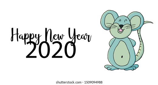 2020 typographic inscription on a white background. Happy New Year 2020. Banner, flyer, postcard. Year of the Rat. Cartoon style