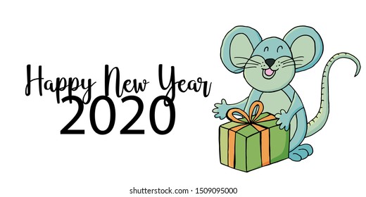 2020 typographic inscription on a white background. Happy New Year 2020. Banner, flyer, postcard. Year of the Rat. Symbol of the year in cartoon style