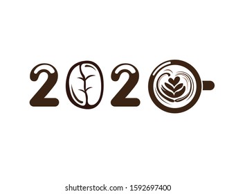 2020 Typography with coffee symbol ornament for greeting new year. cafe theme. suitable for flyers, posters, banners and calendar. illustration concept editable vector
