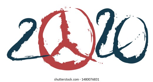 2020 under the sign of peace using the hippie sign symbol of peace and love, instead of zero