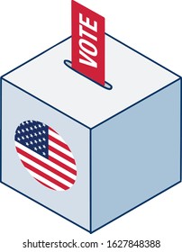 2020 United States of America Presidential Election. Voting box in flat style. isometric. Putting vote into ballot box. Vote 2020. Stars and Stripes.