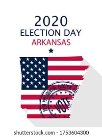2020 United States of America Presidential Election Arkansas vector template.  USA flag, vote stamp and Arkansas silhouette