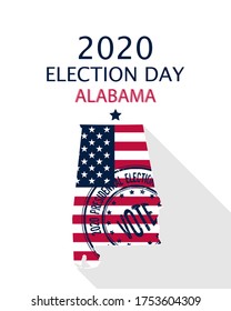 2020 United States of America Presidential Election Alabama vector template.  USA flag, vote stamp and Alabama silhouette