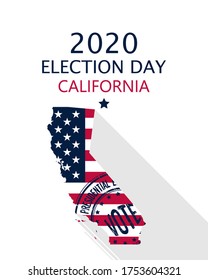 2020 United States of America Presidential Election California vector template.  USA flag, vote stamp and California silhouette