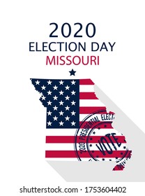2020 United States of America Presidential Election Missouri vector template.  USA flag, vote stamp and Missouri silhouette