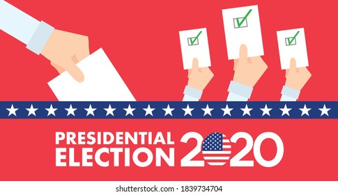 2020 United States of America Presidential Election Banner Illustration with hand putting voting paper and rise up the voting paper.