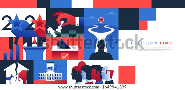 2020 United States politics web template illustration\
with copy space for special presidential event. Modern flat design\
background includes diverse political campaign and social concepts.\
